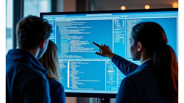 A diverse team of software developers collaboratively working on a Windows application, displaying professionalism and focus.