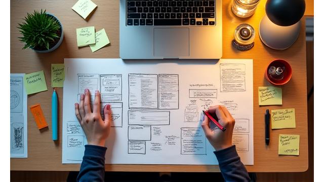 A designer sketches out UI wireframes with user empathy notes, surrounded by sticky notes with user feedback, emphasizing a user-first approach.