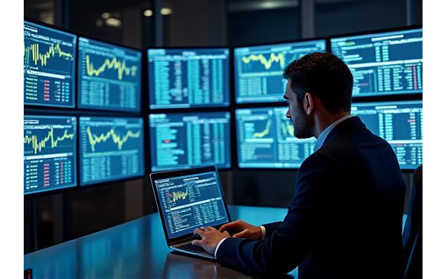 Financial analyst reviewing a sophisticated dashboard with various financial charts and compliance indicators, signifying regulatory reporting automation.