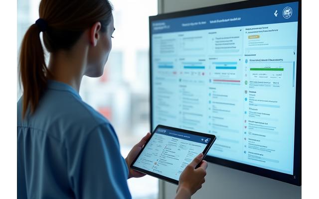 Medical professional interacting with a clean, secure digital interface showing anonymized patient data, symbolizing workflow automation in healthcare.