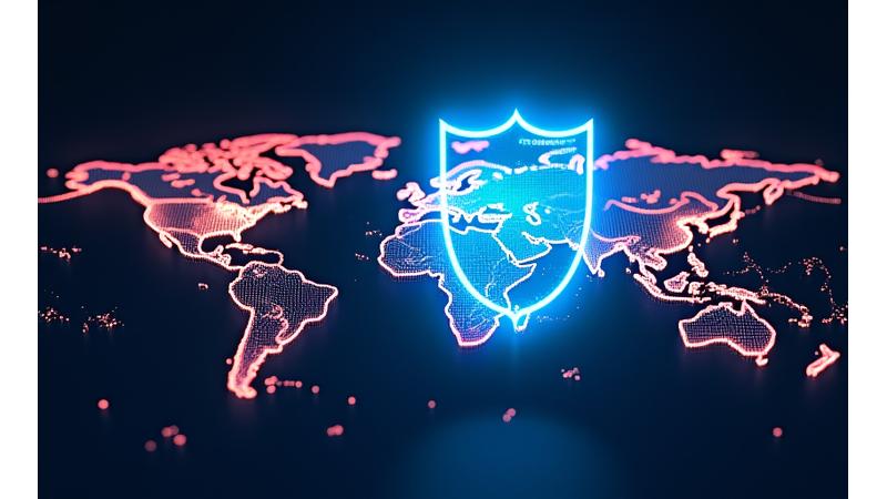 Animated threat map overlay showing cyberattack hotspots globally, with a shield icon representing digital asset protection.