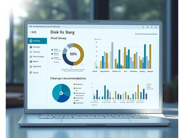 Interactive dashboard displaying disk space analysis with colorful charts and cleanup recommendations for Windows.