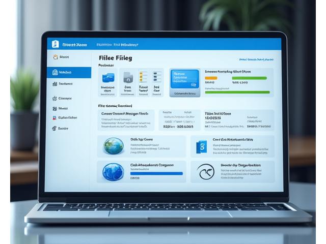 Sleek, modern software dashboard displaying various file utility widgets like storage breakdown, backup status, and quick access buttons.