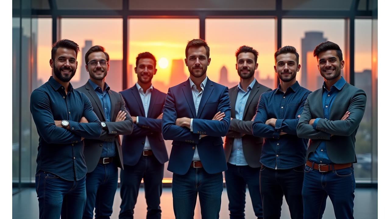 Arc browser Systems development team in front of the Austin, Texas skyline at sunset, working cooperatively.