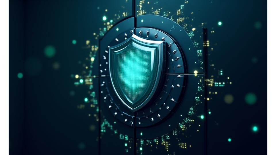 A secure server rack or data center environment with glowing blue lights, symbolizing data integrity and regulatory compliance, with abstract elements representing legal frameworks.