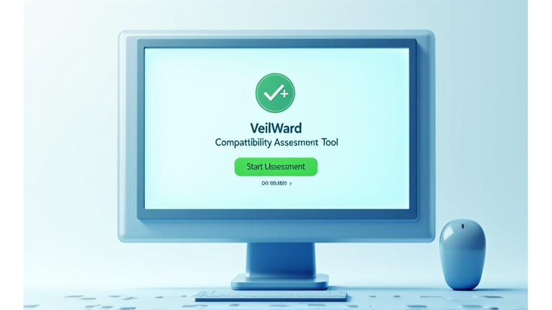 A computer monitor displaying a clean user interface of a compatibility assessment tool, with 'Compatible' status and a large download button, surrounded by minimalist tech elements.