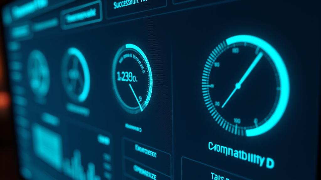 A dashboard displaying various metrics such as compatibility scores, performance graphs, and testing results on a dark-themed monitor, symbolizing thorough validation and seamless integration.