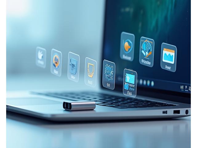 Image of a USB stick plugged into a sleek laptop, with a clean, deconstructed UI showing portable application icons launching instantly, emphasizing ease of use and no.