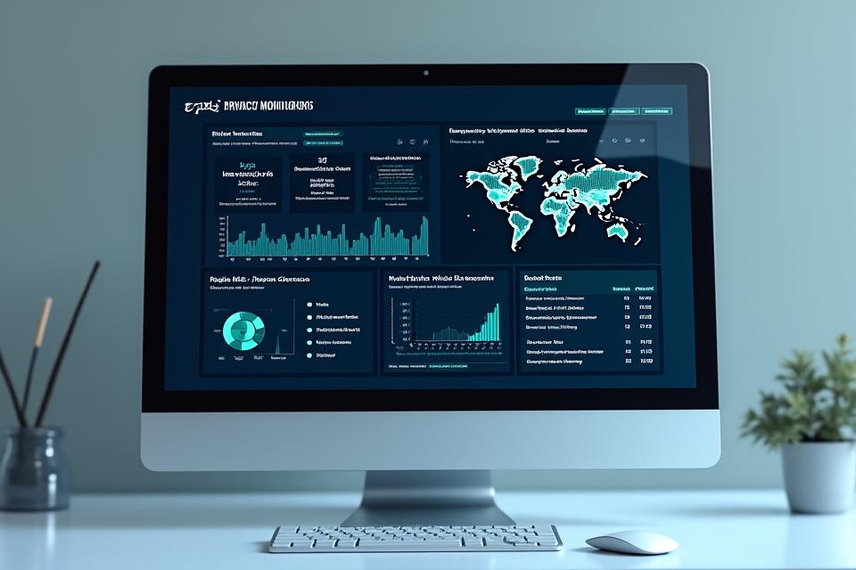 Interactive privacy monitoring dashboard showing a live stream of data access events, network activity, and application breakdown.