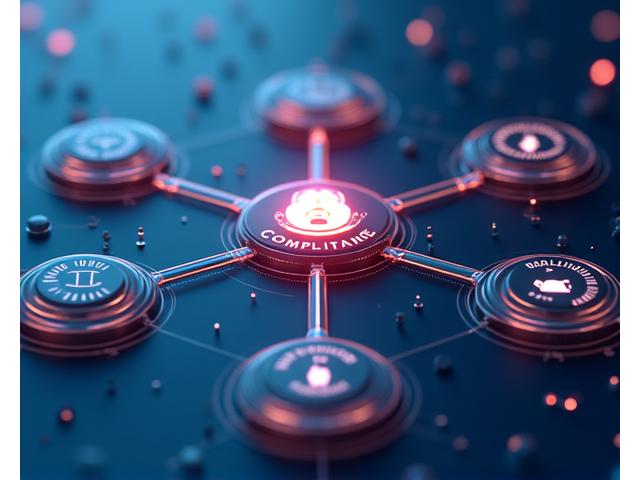 Abstract design of interconnected digital regulations and compliance badges, emphasizing Arc browser Systems' adherence to global privacy laws like GDPR and CCPA.