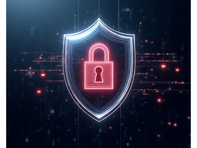 Complex digital lock and shield icon over a blurred background of encrypted data, illustrating robust security and protection measures implemented by Arc browser Systems.