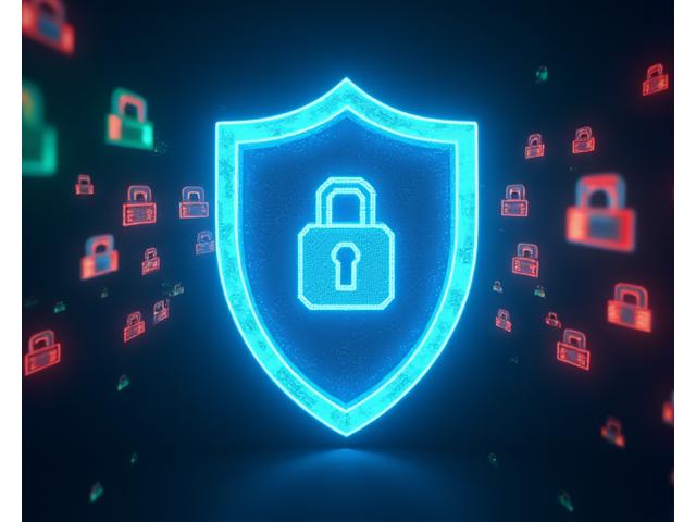 Digital shield preventing ransomware attack, featuring encryption symbols being blocked