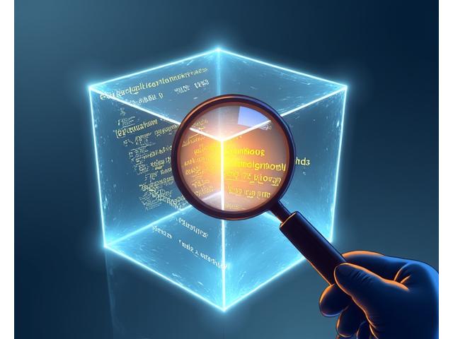 Virtual environment with a magnifying glass examining suspicious code, representing sandboxing technology