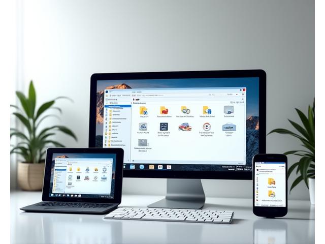 Software interface displayed across various screen sizes like desktop, tablet, and mobile
